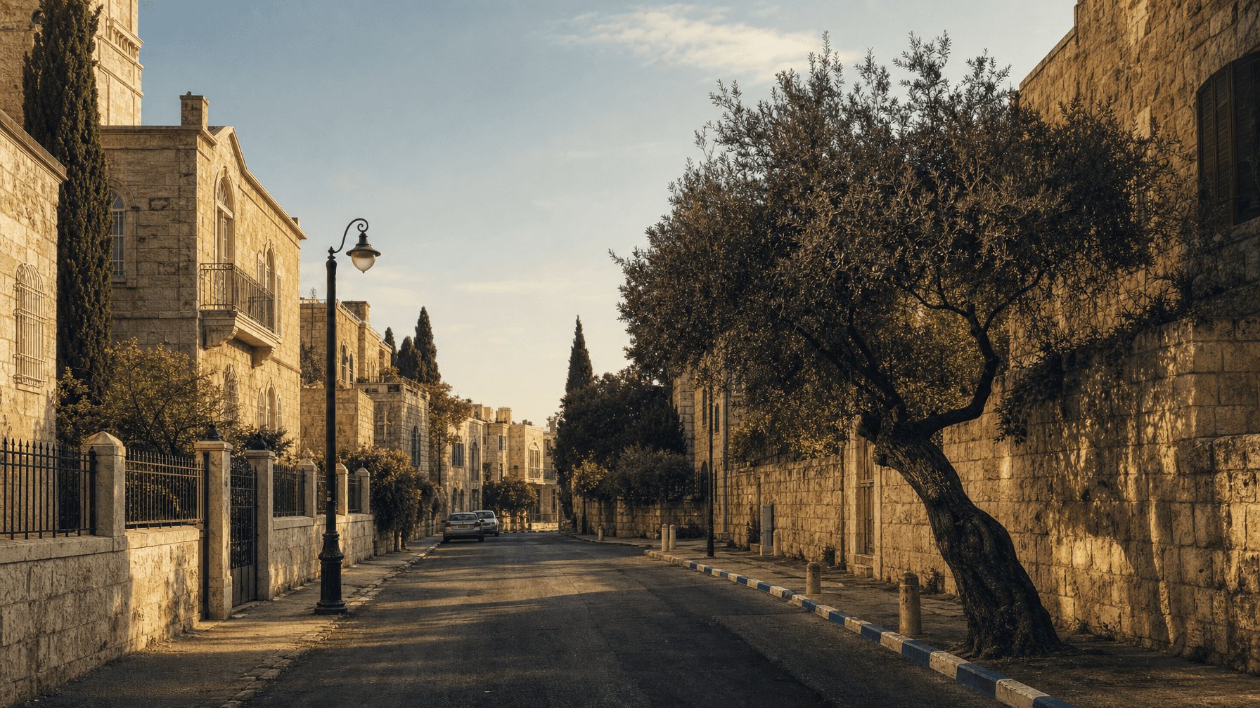רחוב במרכז ירושלים בשעה הזהובה, חזיתות אבן ירושלמית מוארות באור חם, אבני שפה כחול-לבן וגזע עץ זית לצד הכביש