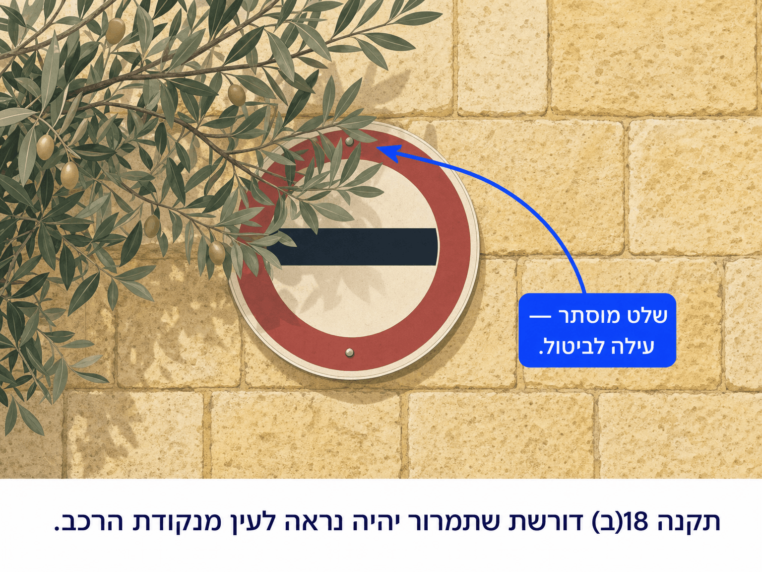איור עריכתי של שלט אין-חניה ירושלמי על קיר אבן, מוסתר חלקית בענף עץ זית - עם חץ כחול עמוק וכיתוב "שלט מוסתר - עילה לביטול"