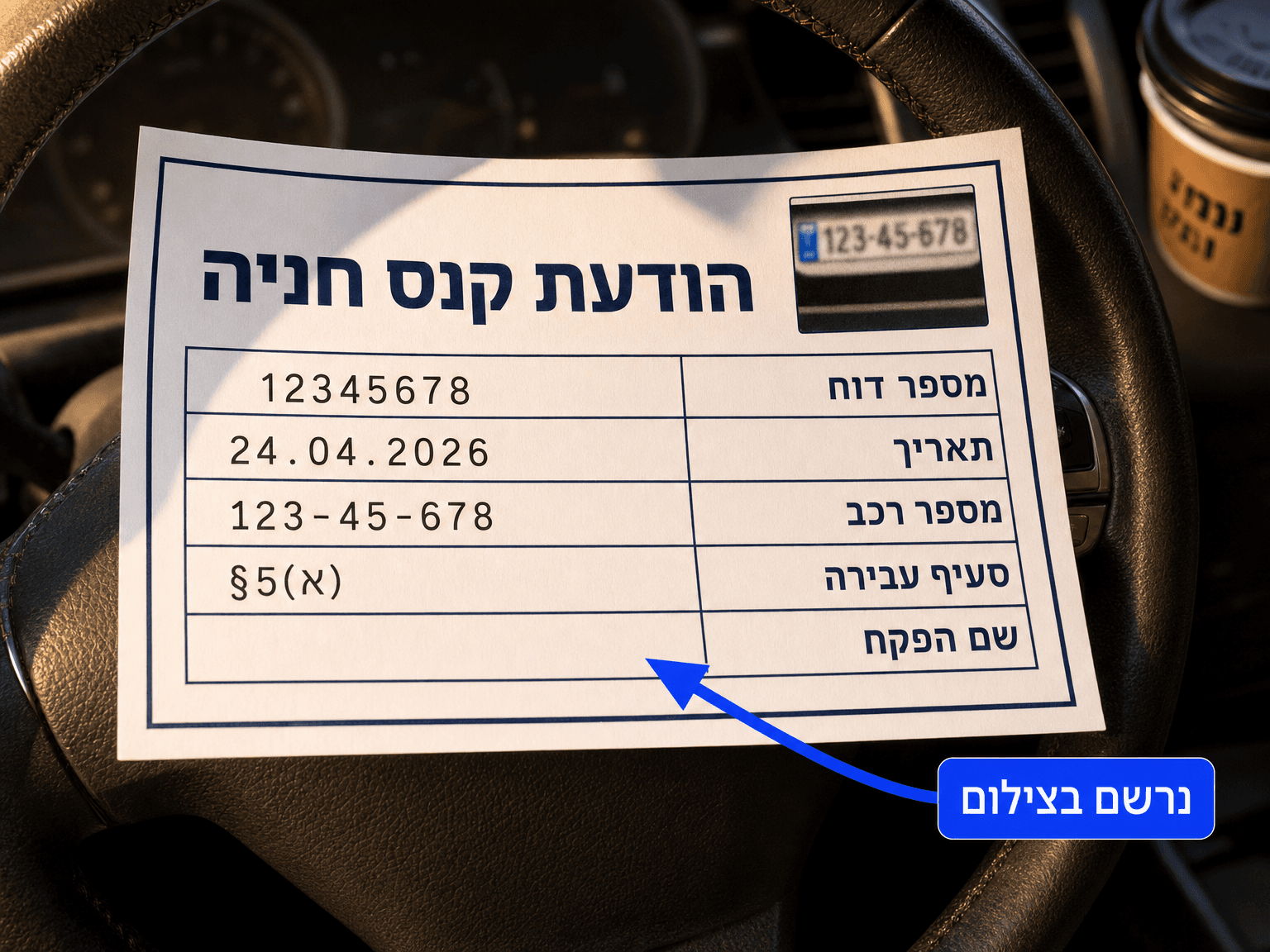 דוח חניה בעברית מונח על הגה. שדה "שם הפקח" ריק, וחץ כחול מצביע עליו עם הכיתוב "נרשם בצילום"