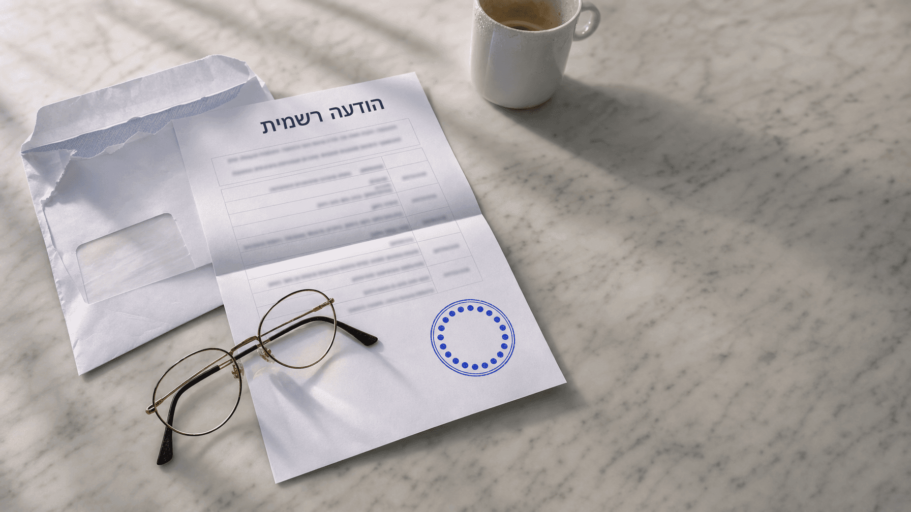 הודעת תשלום קנס משטרתית מונחת על שולחן שיש עם משקפי קריאה וספל קפה, באור בוקר רך