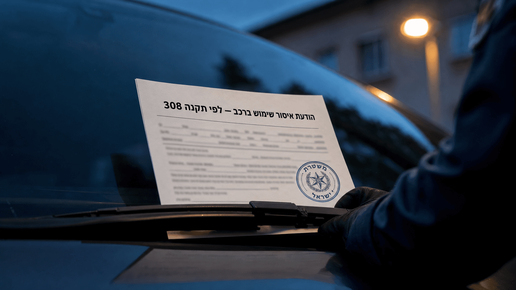 הודעה בדבר איסור שימוש ברכב מונחת תחת מגב השמשה הקדמית בלילה, יד במדים כחולים מציבה אותה במסגרת