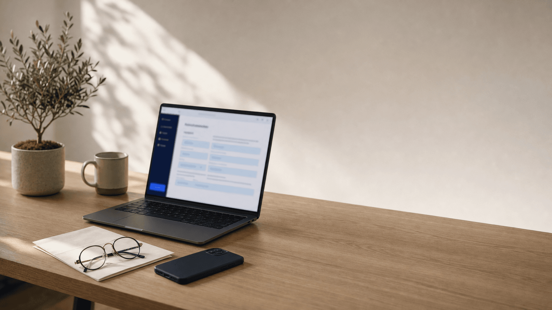 מחשב נייד פתוח על שולחן עץ בהיר ועליו טופס מקוון מטושטש, לצידו הודעה מקופלת ומשקפי קריאה